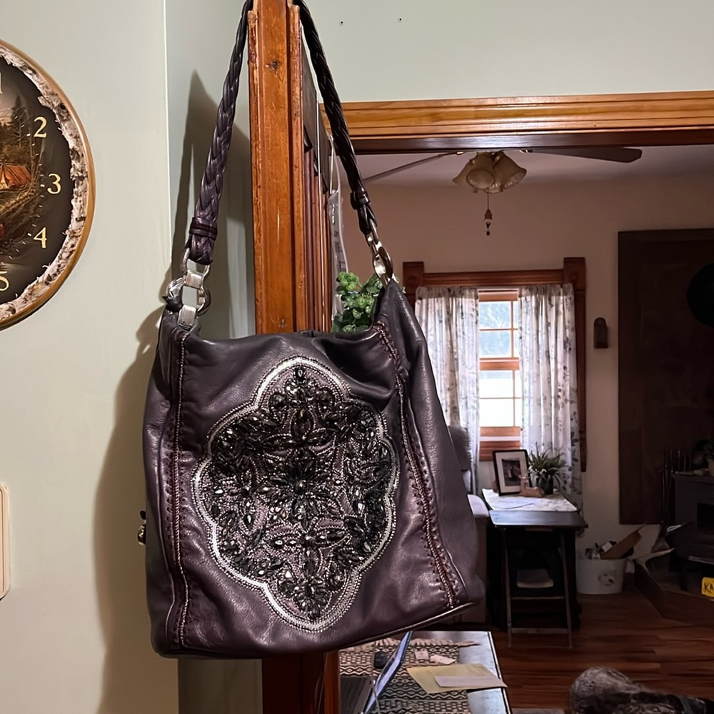 Brighton Purple Metallic Leather Anju Beaded Hobo Bag